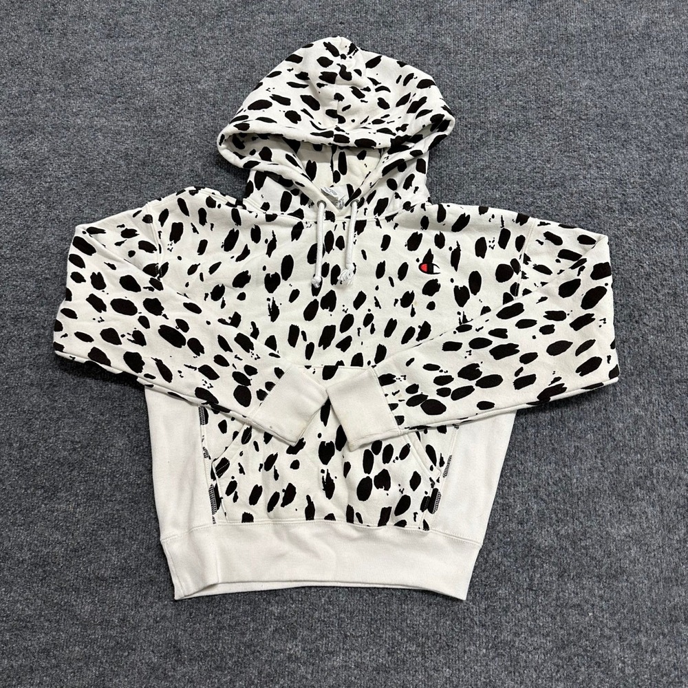Champion Hoodie Womens XS White Black Dalmatian Print Reverse Weave Pullover